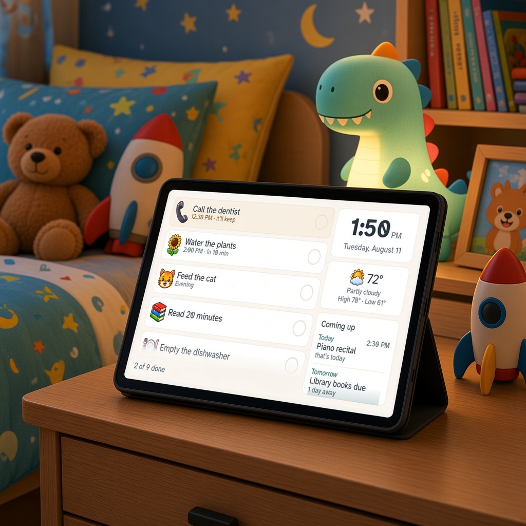 A Yarro screen resting on a nightstand, showing the day's tasks in plain language, in a warm, lived-in bedroom with a soft dinosaur nightlight and favorite toys nearby.